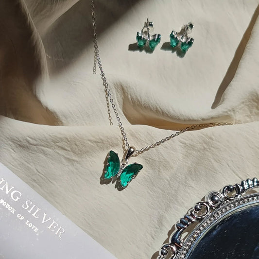 Green Butterfly Silver Set - 2 Pieces