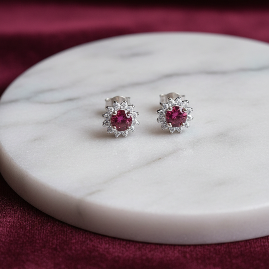 Red Stone Flower Earrings 925 Italian Silver