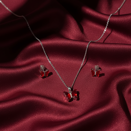 Maroon Butterfly Silver Set - 2 Pieces