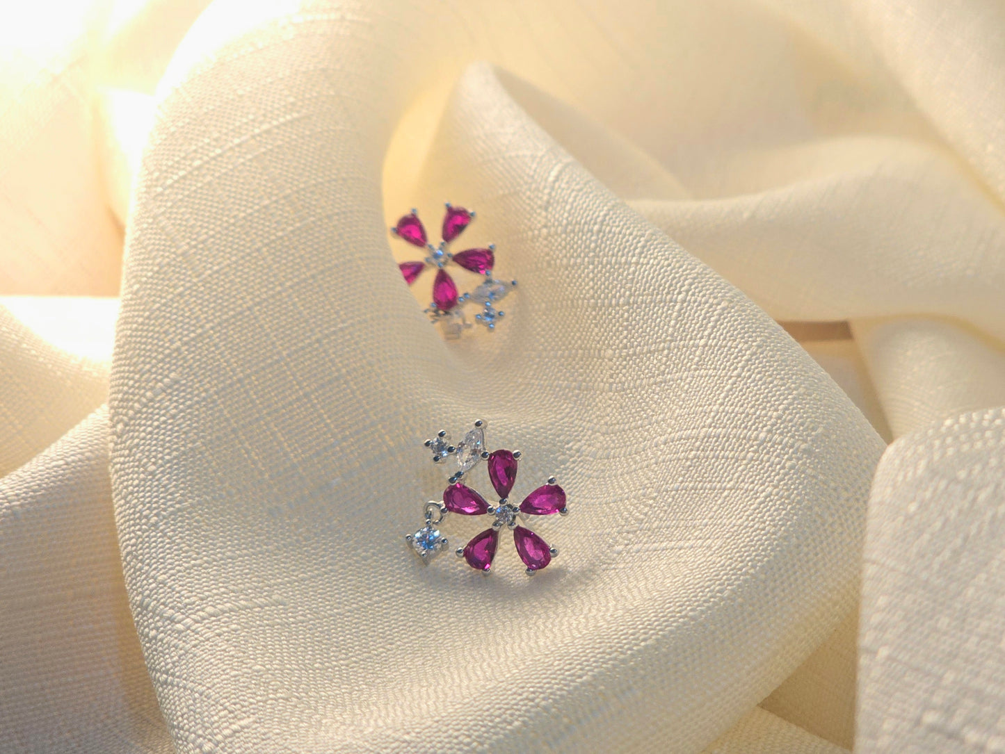 Flower Fushia Stone 925 Silver Earrings