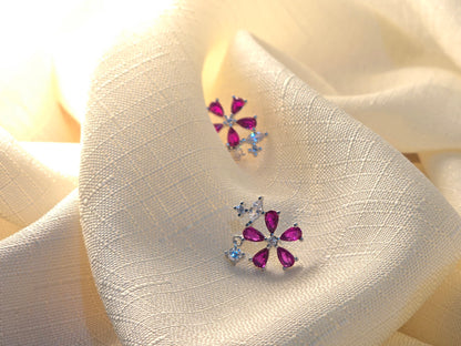 Flower Fushia Stone 925 Silver Earrings
