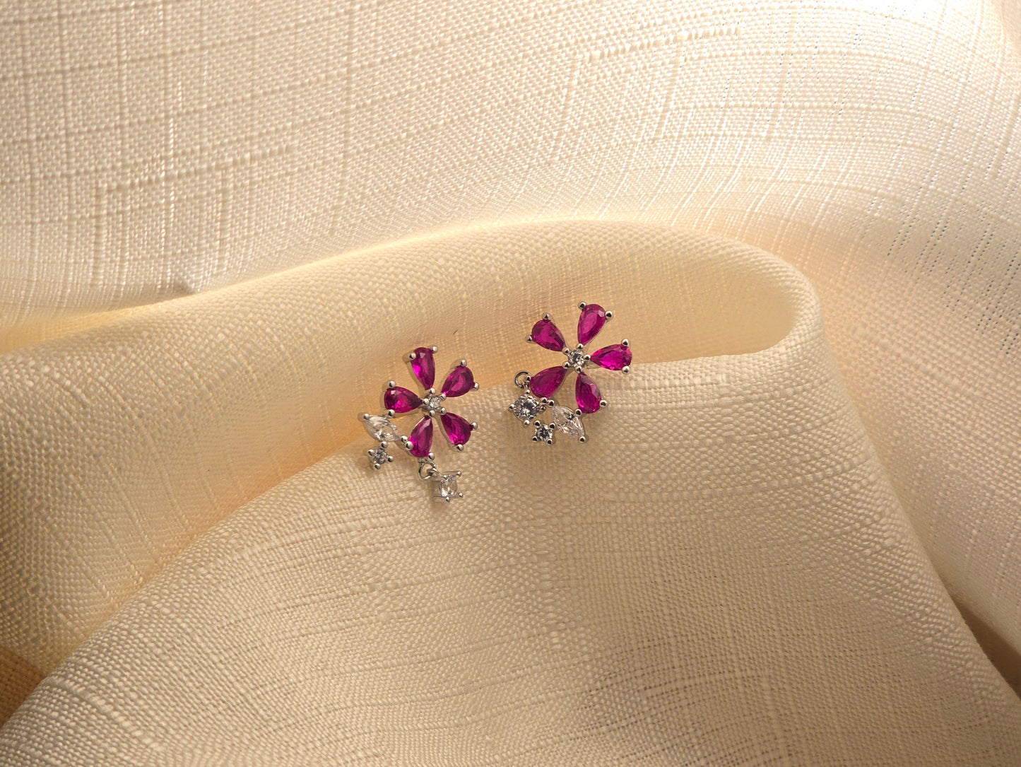 Flower Fushia Stone 925 Silver Earrings