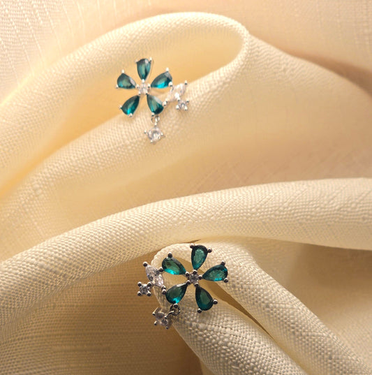 Flower Emerald Green Stone 925 Silver Earrings