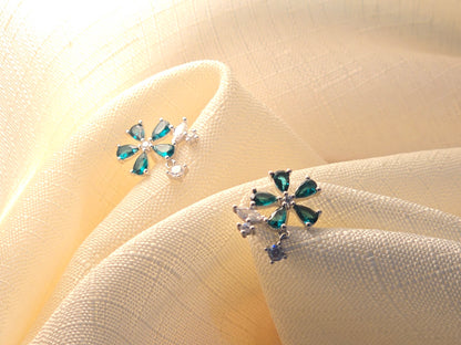 Flower Emerald Green Stone 925 Silver Earrings