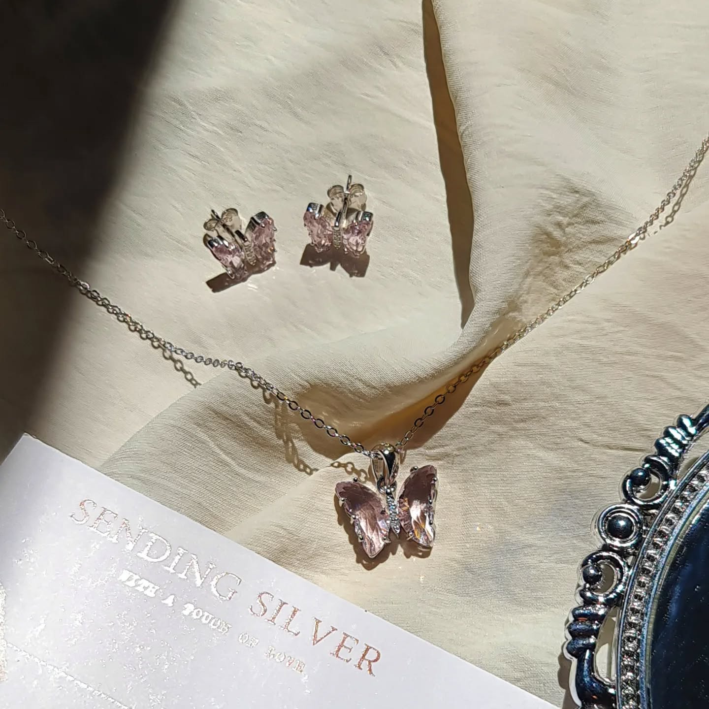 Pink Butterfly Silver Set - 2 Pieces