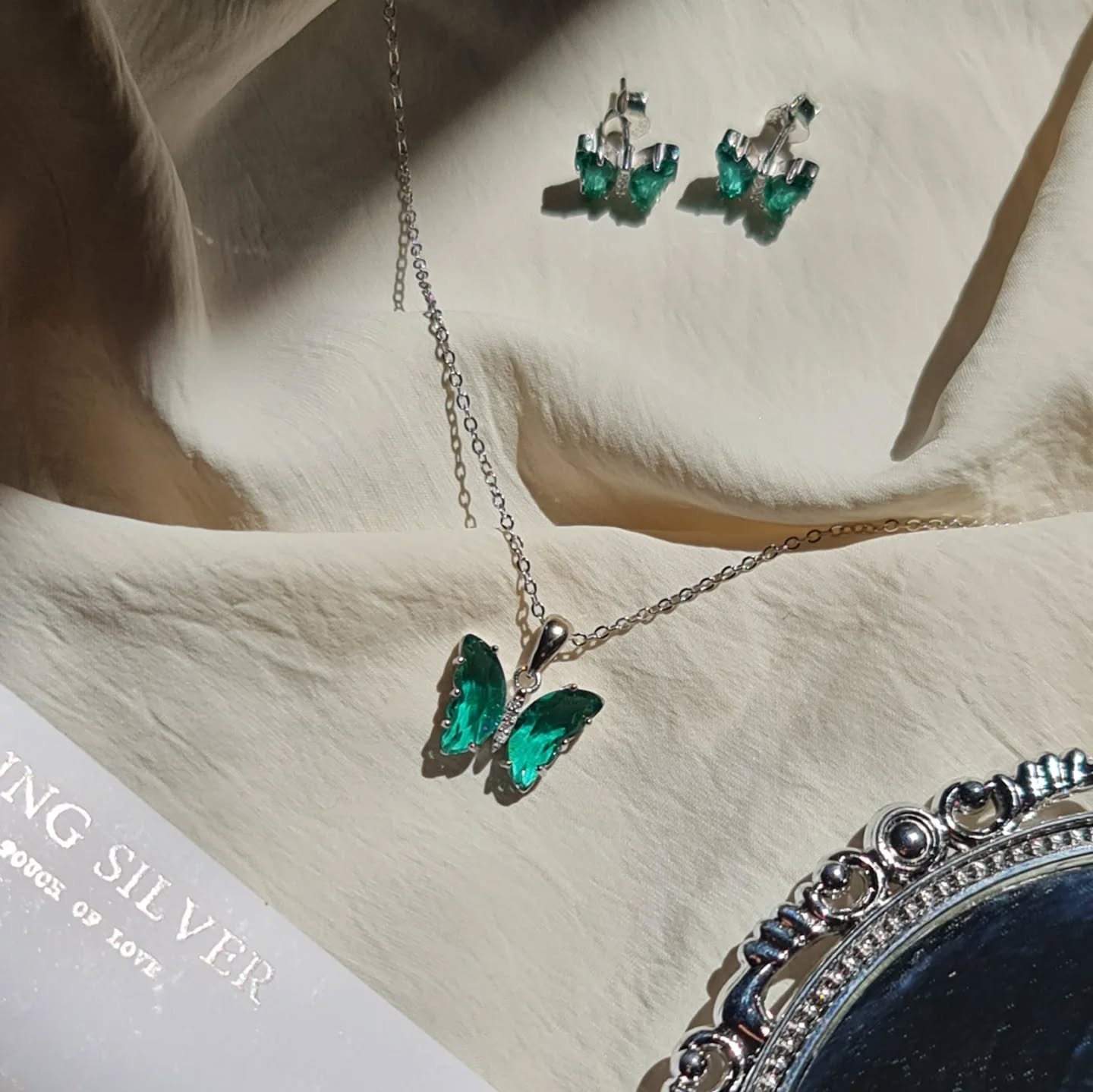 Green Butterfly Silver Set - 2 Pieces