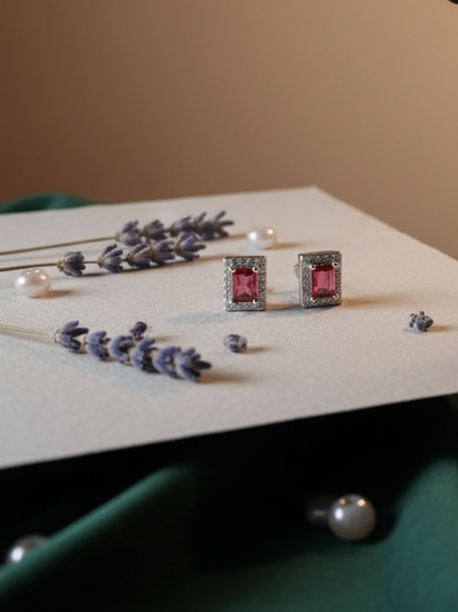 Red Stone Rectangular Earrings 925 Italian Silver