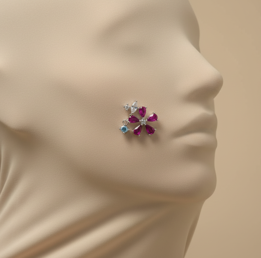 Flower Fushia Stone 925 Silver Earrings