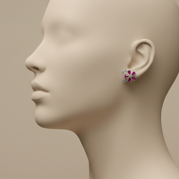 Flower Fushia Stone 925 Silver Earrings