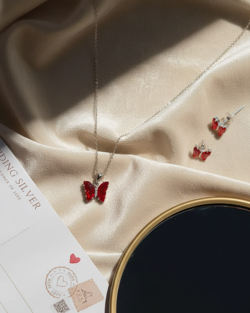 Maroon Butterfly Silver Set - 2 Pieces