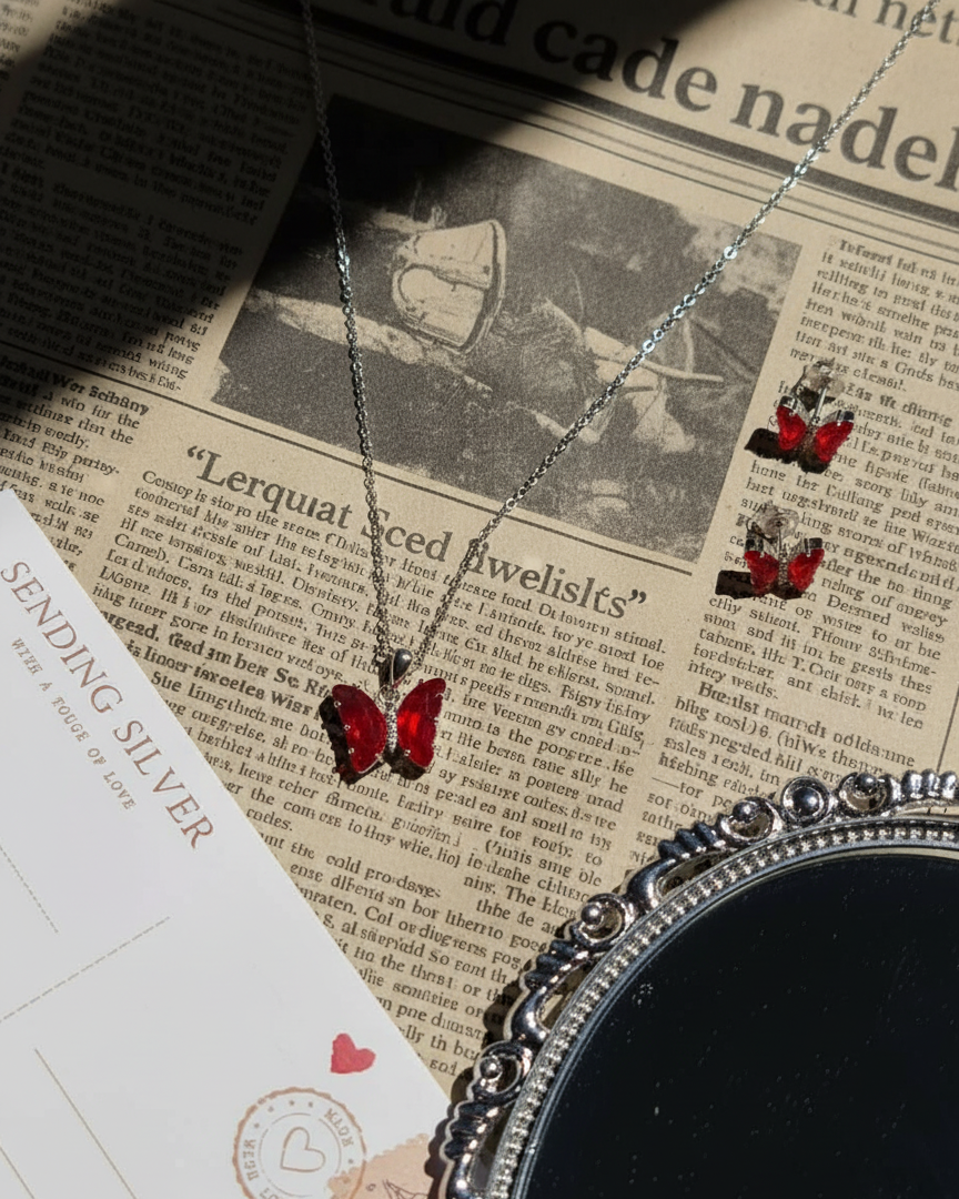 Maroon Butterfly Silver Set - 2 Pieces