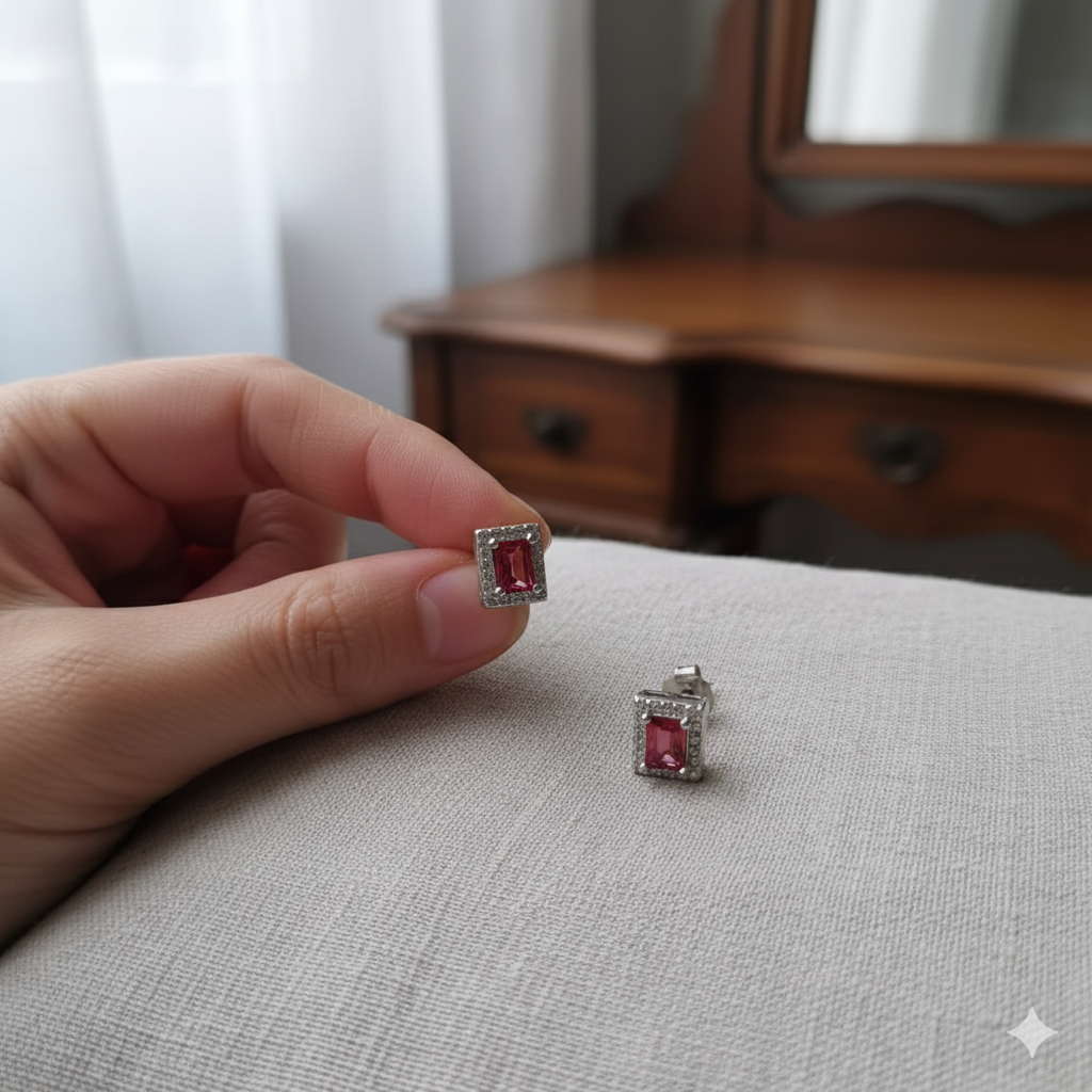 Red Stone Rectangular Earrings 925 Italian Silver