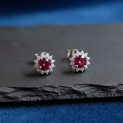Red Stone Flower Earrings 925 Italian Silver