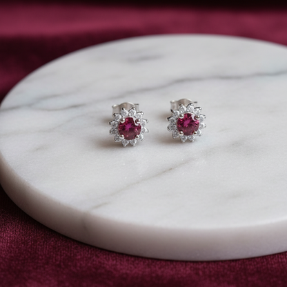 Red Stone Flower Earrings 925 Italian Silver