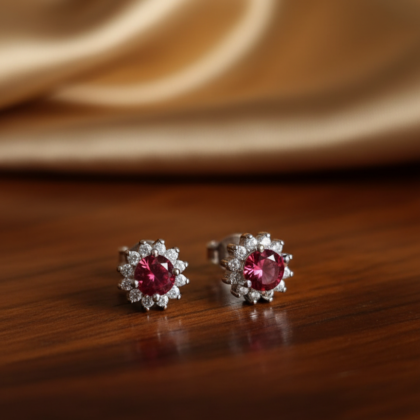 Red Stone Flower Earrings 925 Italian Silver