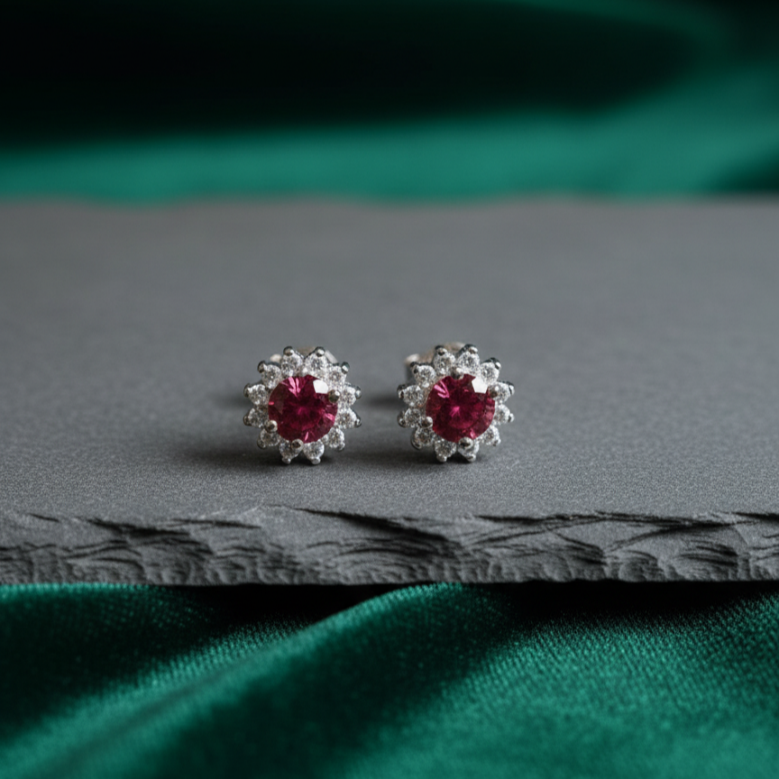 Red Stone Flower Earrings 925 Italian Silver