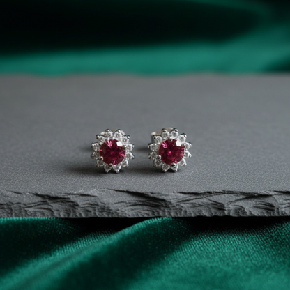 Red Stone Flower Earrings 925 Italian Silver