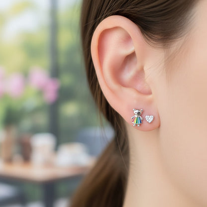 Close-up of an ear wearing a colorful earring with a blurred background