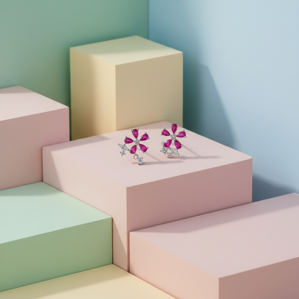 Flower Fushia Stone 925 Silver Earrings