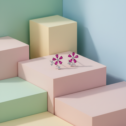 Flower Fushia Stone 925 Silver Earrings