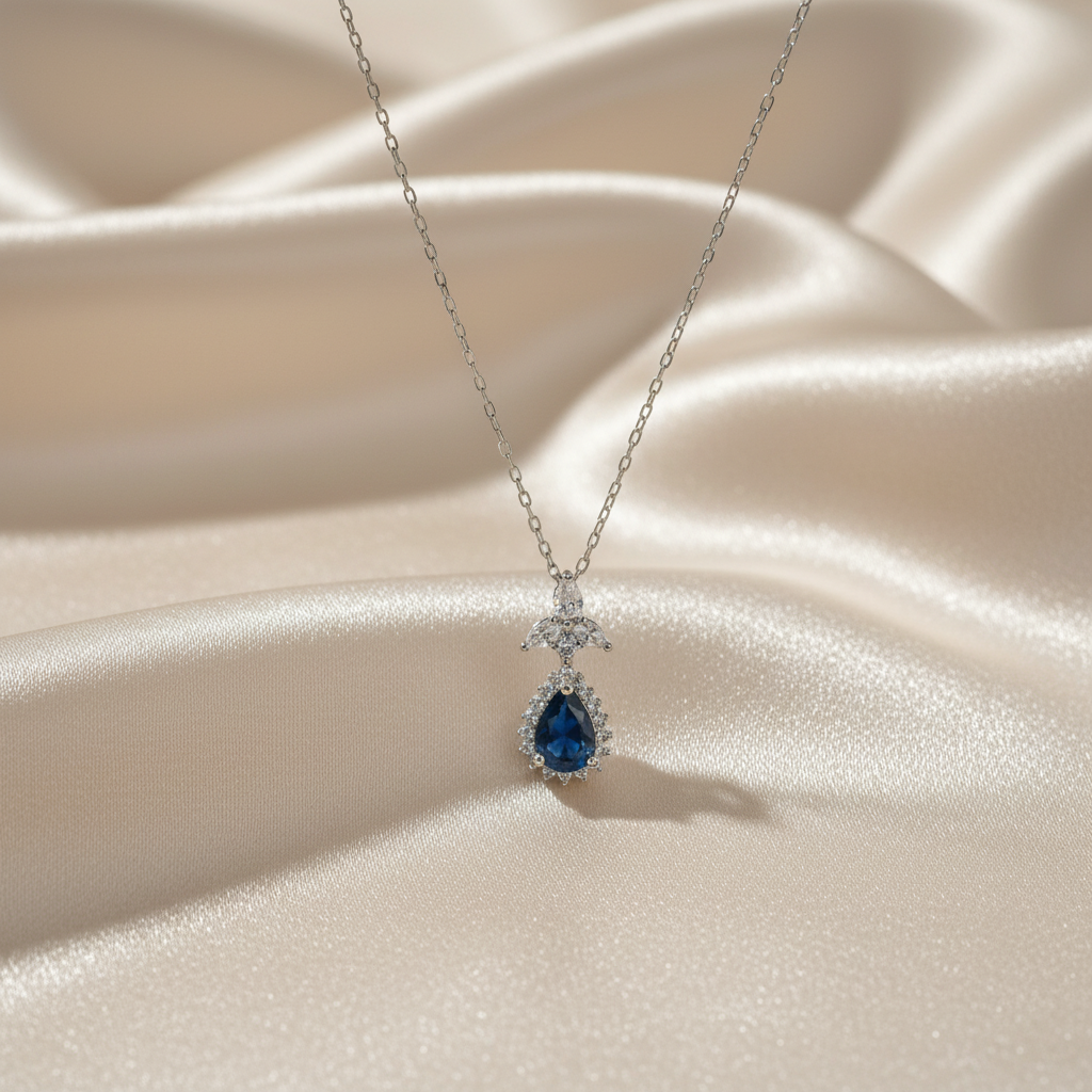 Blue Zircon Stone 925 Italian Silver Necklace