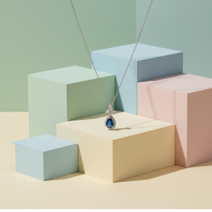 Blue Zircon Stone 925 Italian Silver Necklace