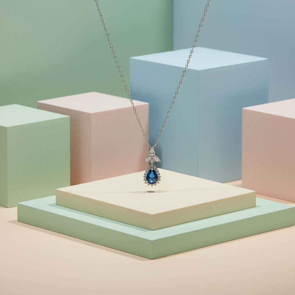 Blue Zircon Stone 925 Italian Silver Necklace