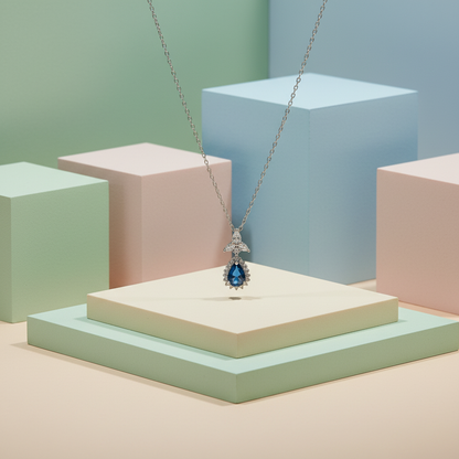 Blue Zircon Stone 925 Italian Silver Necklace