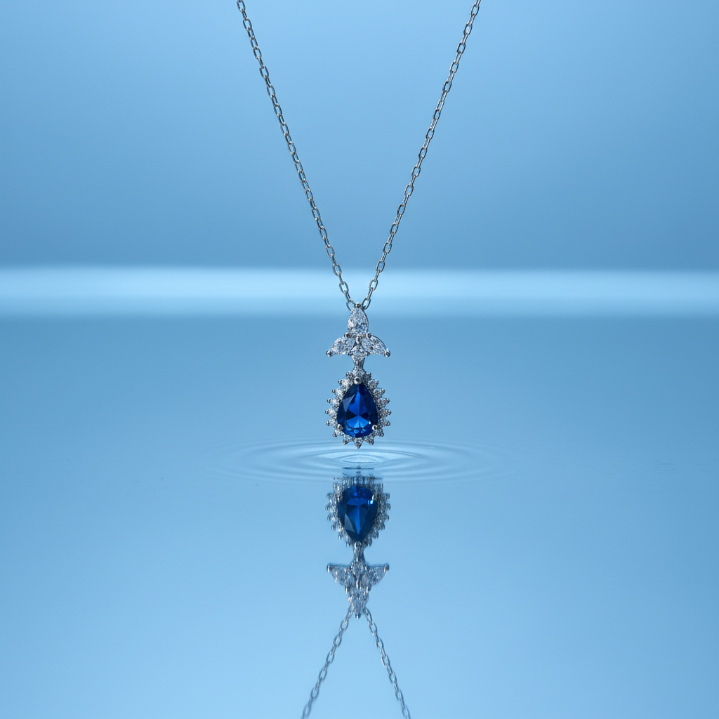 Blue Zircon Stone 925 Italian Silver Necklace