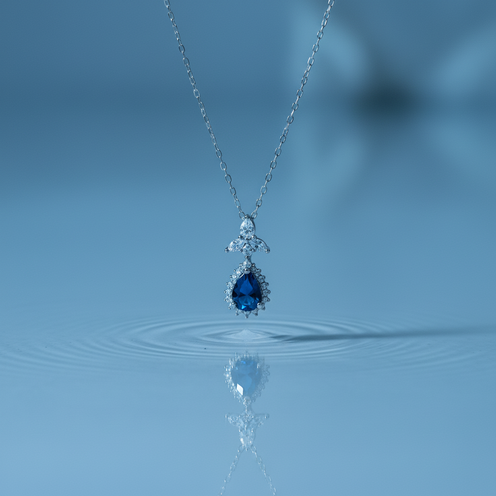 Blue Zircon Stone 925 Italian Silver Necklace