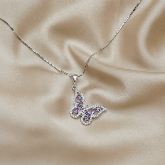 Butterfly 925 Italian Silver Necklace - Purple