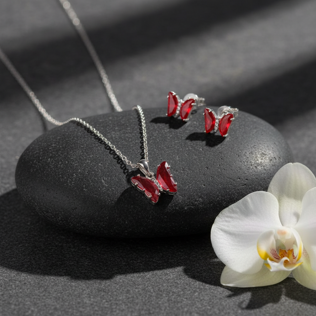 Maroon Butterfly Silver Set - 2 Pieces