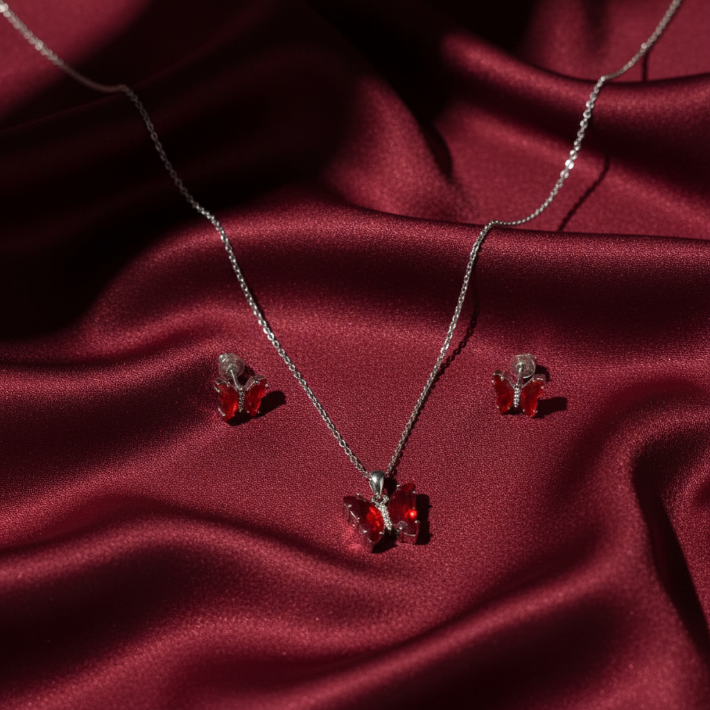 Maroon Butterfly Silver Set - 2 Pieces