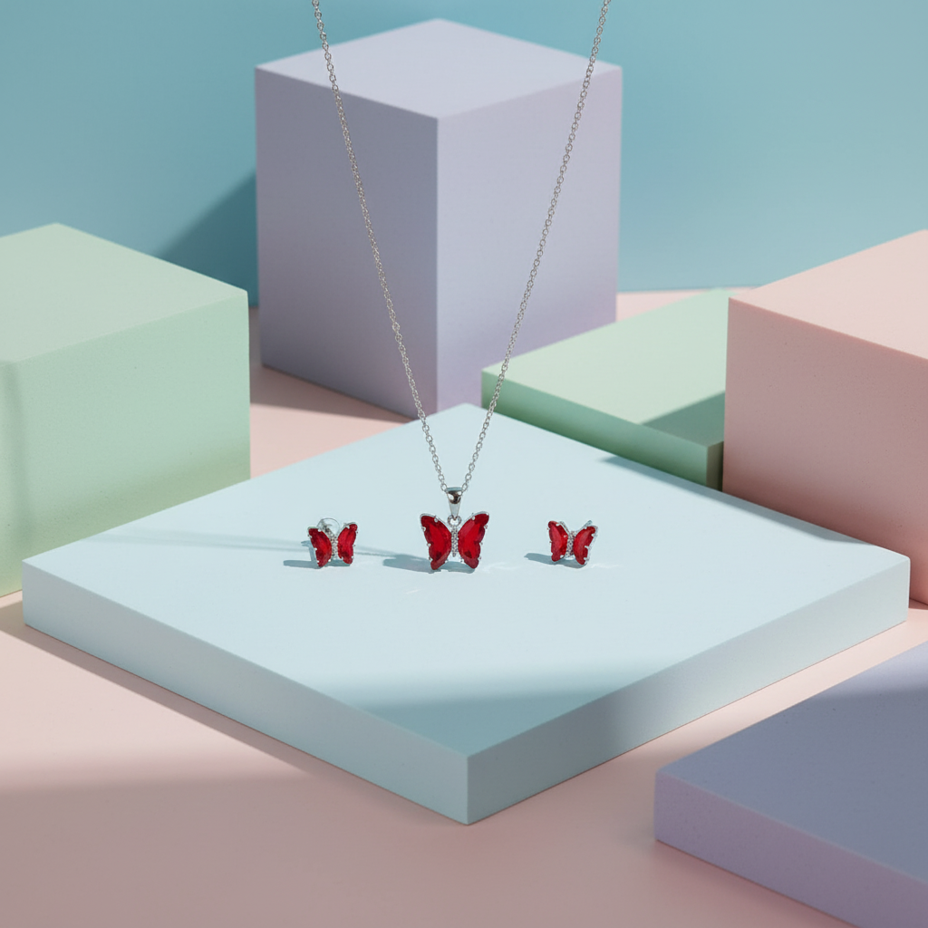 Maroon Butterfly Silver Set - 2 Pieces