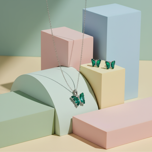 Green Butterfly Silver Set - 2 Pieces