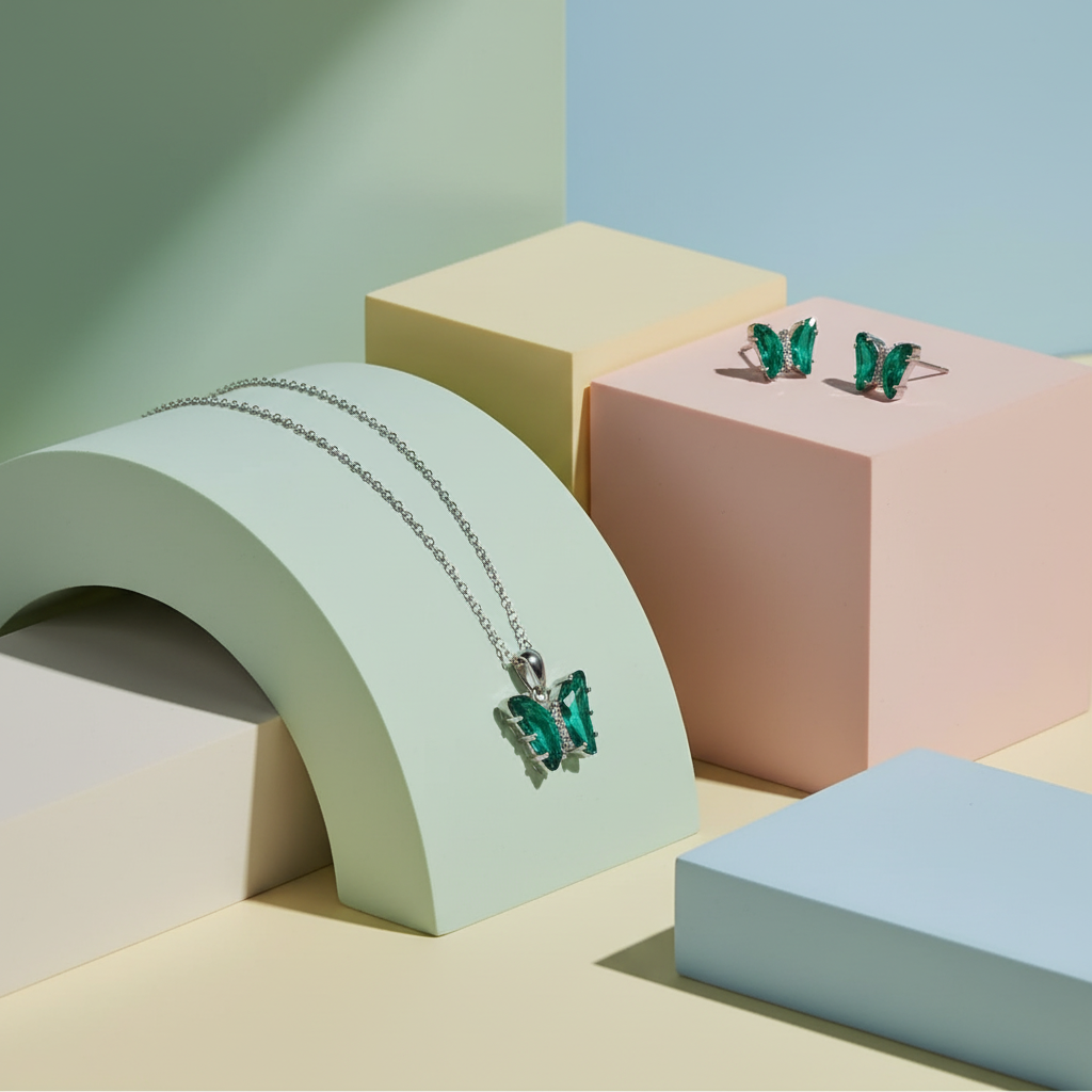 Green Butterfly Silver Set - 2 Pieces