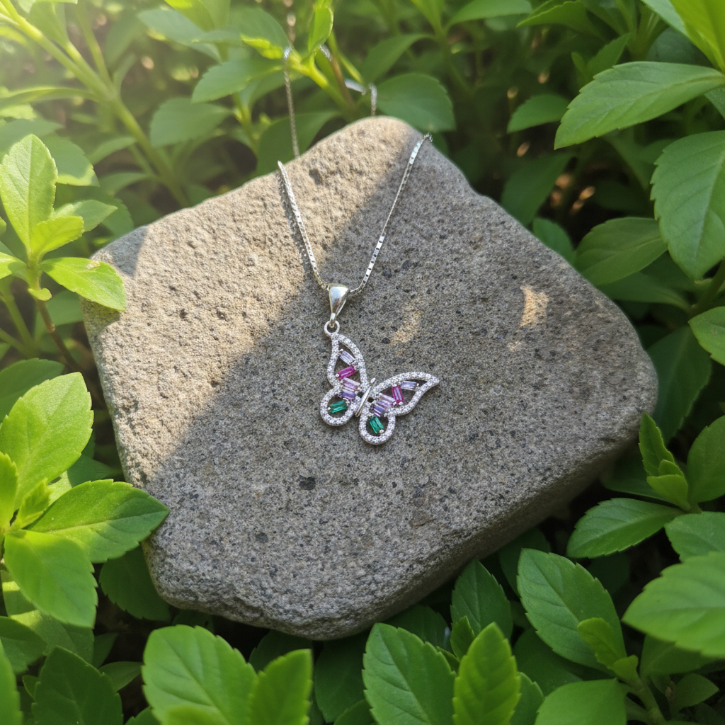 Butterfly 925 Italian Silver Necklace - Colorful