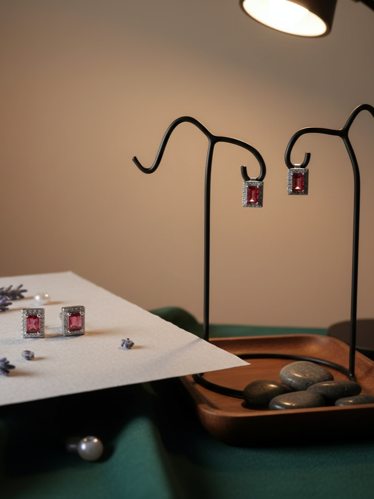 Red Stone Rectangular Earrings 925 Italian Silver