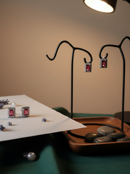 Red Stone Rectangular Earrings 925 Italian Silver