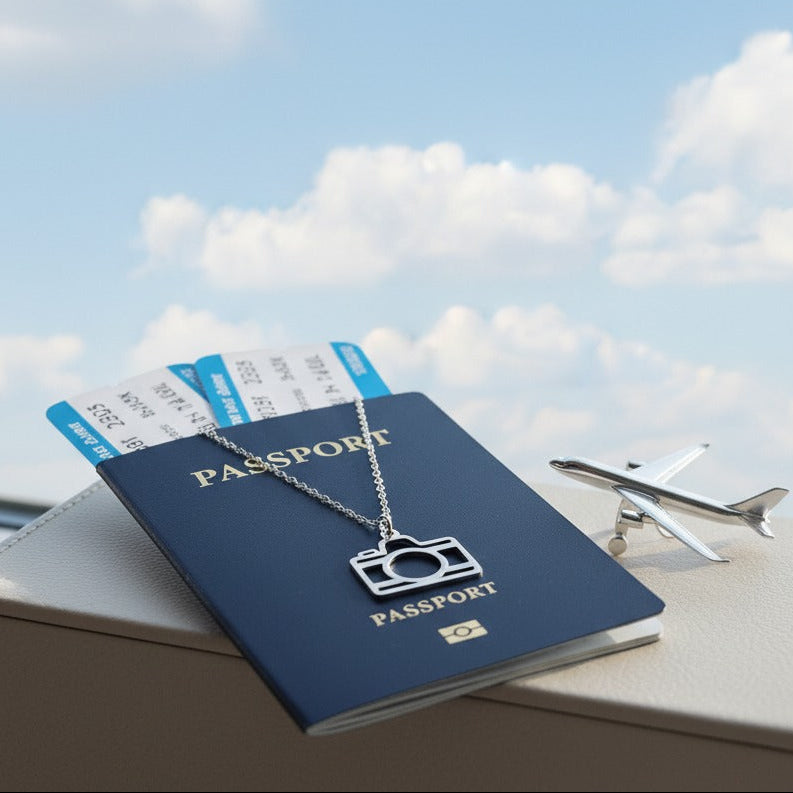 Passport, airplane tickets, and a necklace with a camera pendant on a table with a sky background