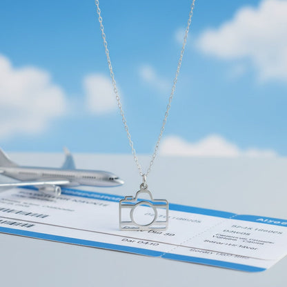 Camera-shaped pendant necklace on a blue sky background with an airplane and air ticket.